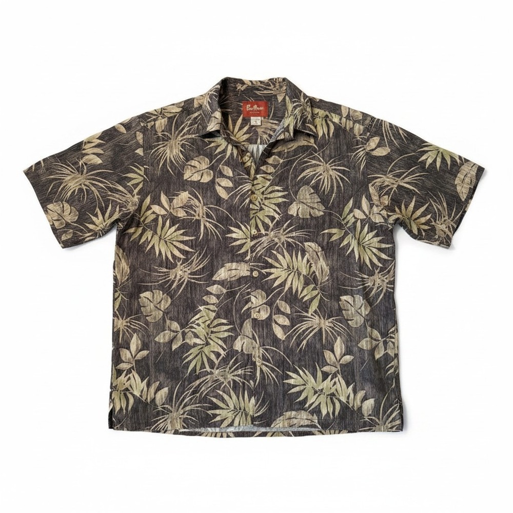 Pau Hana Hawaii Mens XL Grey Tropical Leaf Print‎ Cotton Viscose Camp Shirt